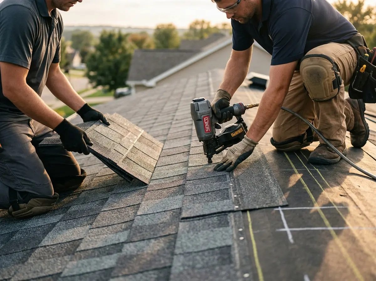 Professional roofer working on a residential roof in Sun Valley